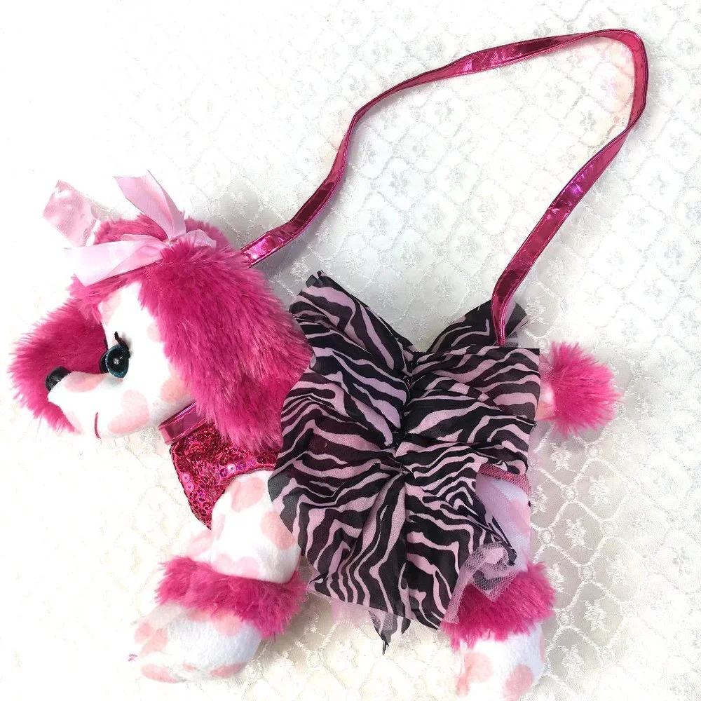 Justice Pink Poodle Plush Purse w/ Hearts & Zebra Skirt